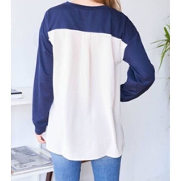 Very J Two Tone Long Sleeve Blouse Navy Ivory Medium - Picture 2 of 9